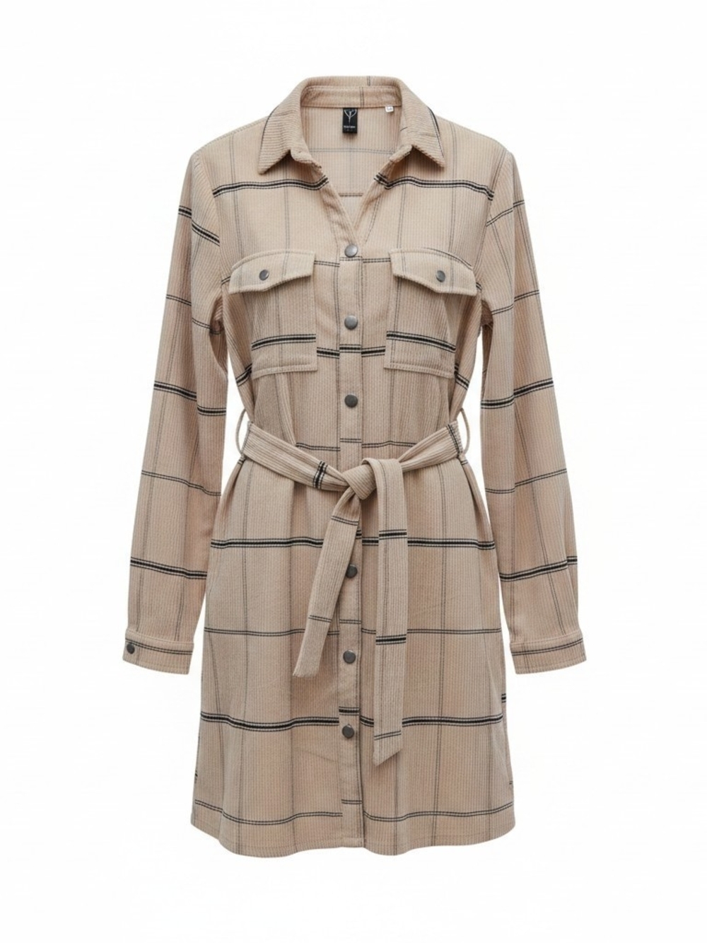 Windsor Beige Plaid Long-Sleeve Shirt Dress with Waist Tie